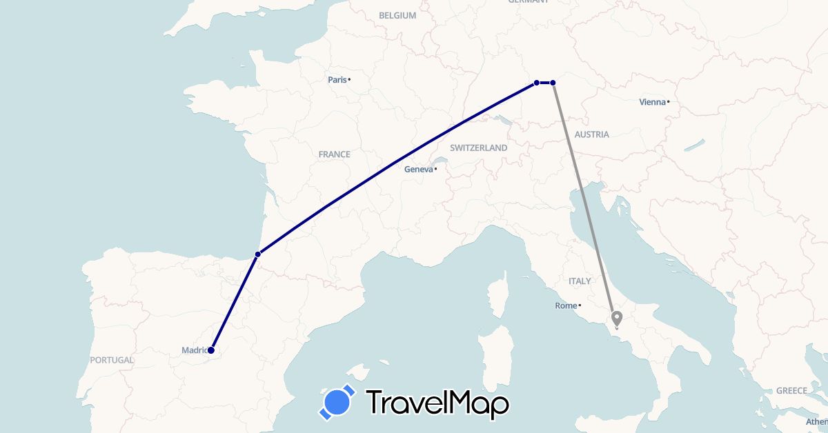 TravelMap itinerary: driving, plane in Germany, Spain, France, Italy (Europe)